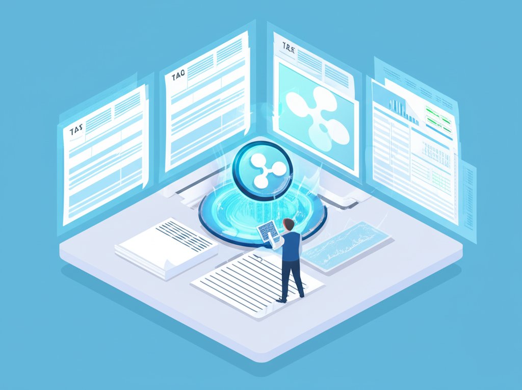 XRP coin and tax forms, showing most crypto sales and trades are taxable.